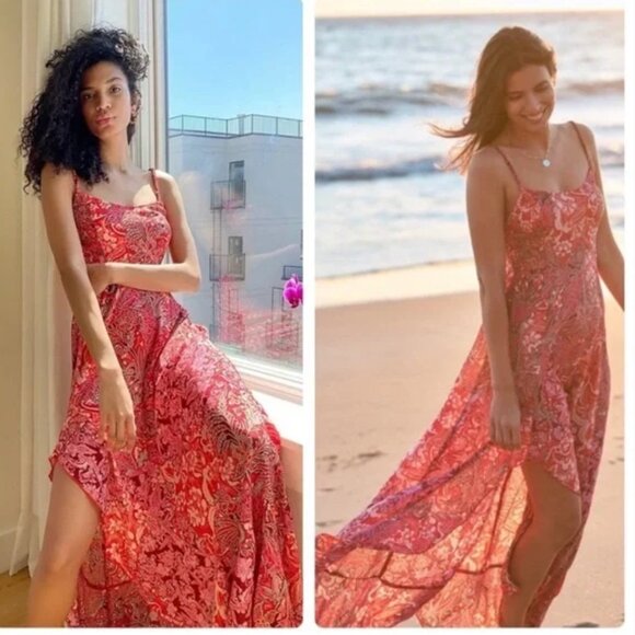 Free People Intimately Forever Yours Smocked Slip Maxi Dress Size S Red whimSy - Picture 1 of 14